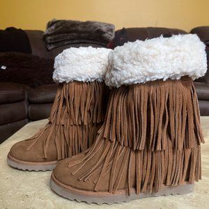 Madden Girl Sleet Fringe Booties -  Moccasin Wedge - Faux Suede - Size 8